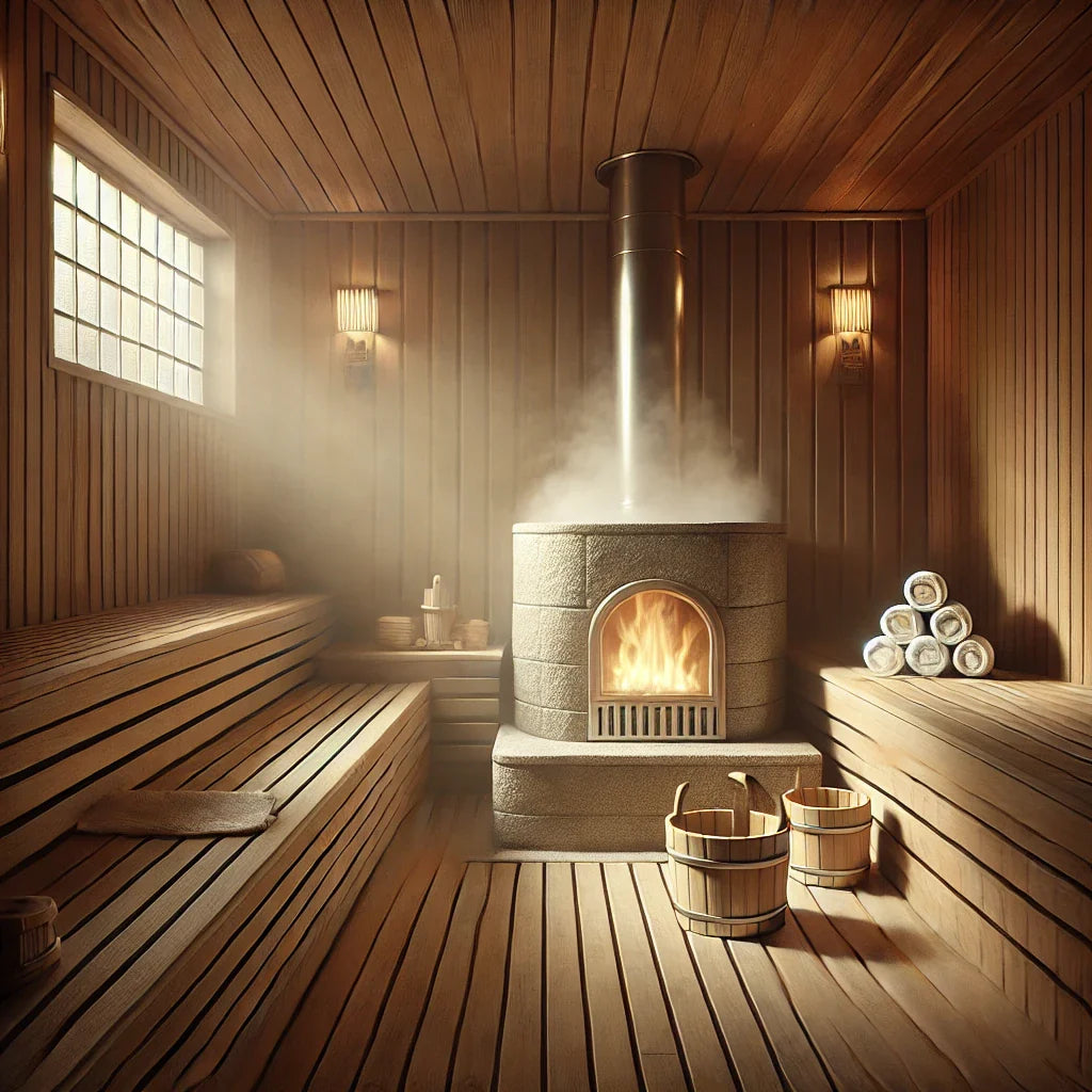 Gemütliche Sauna mit Holzbänken, Kamin und dampfender Atmosphäre zur Entspannung und Gesundheit.