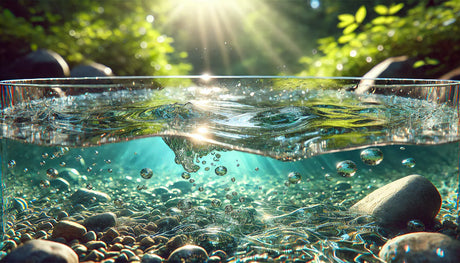 Klarer Wasserfluss mit Luftblasen und Steinen im Sonnenlicht, symbolisiert die Bedeutung von weichem Wasser.