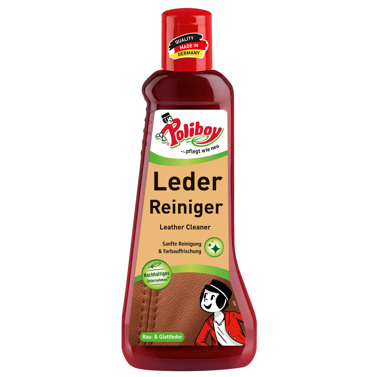 Poliboy Leder Reiniger Flasche für nachhaltige Reinigung von Rau- und Glattleder, geeignet für alle Lederarten.