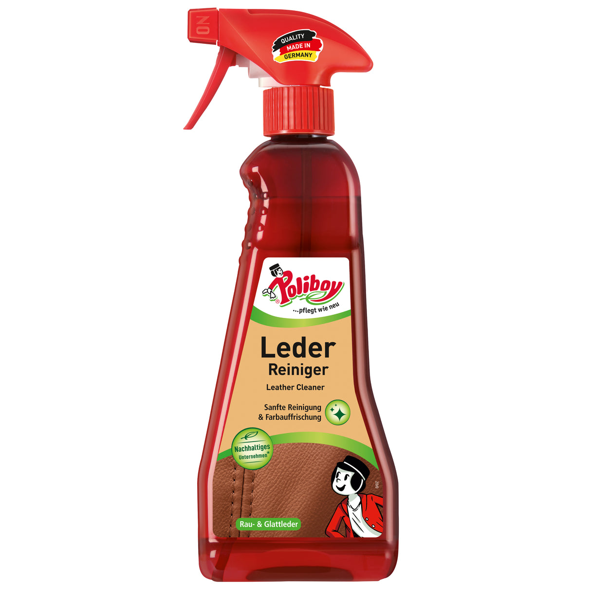 Poliboy Leder Reiniger Flasche für schonende Reinigung von Rau- und Glattleder, Umweltfreundlich, Made in Germany.