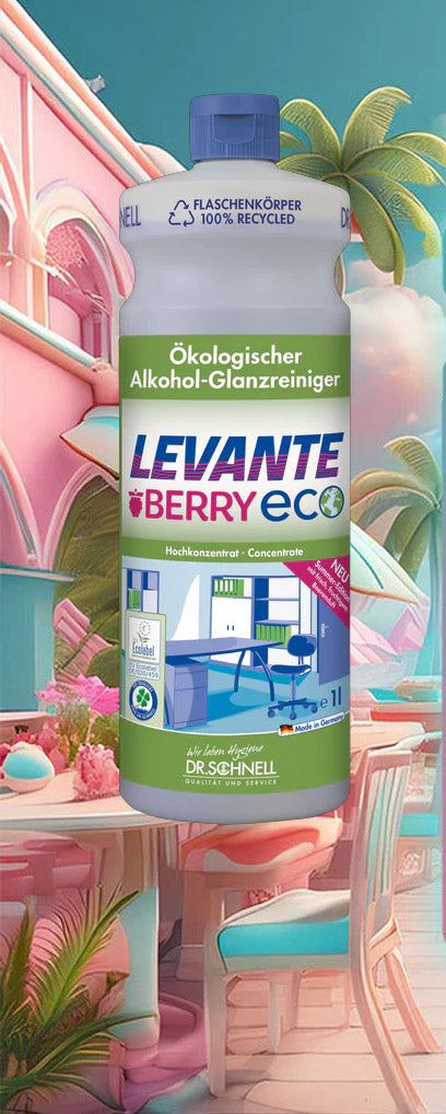 Levante Berry Eco ökologischer Alkohol-Glanzreiniger in einer bunten Umgebung mit Palmen und stilvollen Möbeln.