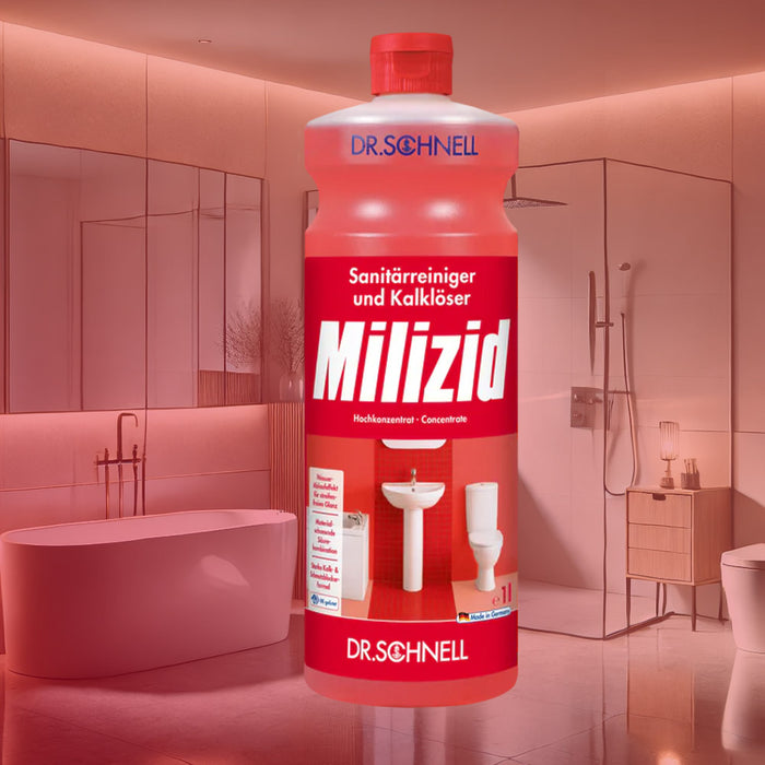 Flasche Dr. Schnell Milizid Sanitärreiniger und Kalklöser in modernem Badezimmer.