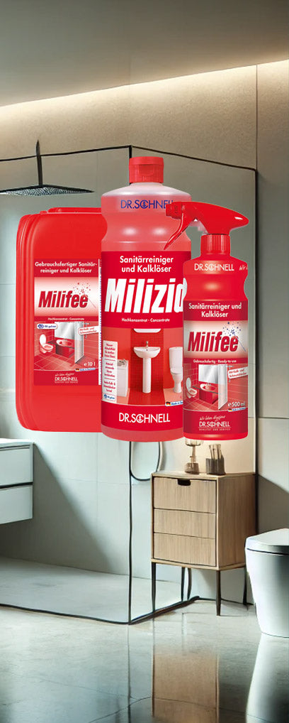 Dr. Schnell Milizid Sanit cleaner bottles displayed in a modern bathroom setting, highlighting powerful pest control solutions.