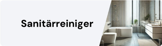 Moderner Badezimmerbereich mit dem Wort "Sanitärreiniger" auf einem weißen Hintergrund.