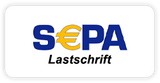 Logo der SEPA-Lastschrift mit Eurozeichen in der Mitte, blauem Text und weißem Hintergrund.